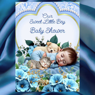 Sweet Cute Blue Boy Baby Shower Puppy Kitten Invitation