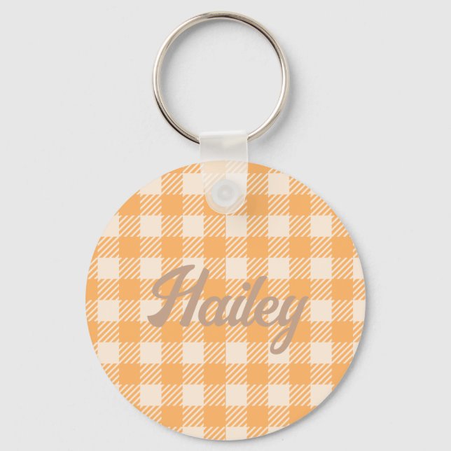 Sweet cute fun orange gingham checked plaid key ring (Front)