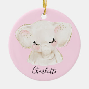 Sweet Cute & Girly Pastel Blush Pink Baby Elephant Ceramic Ornament