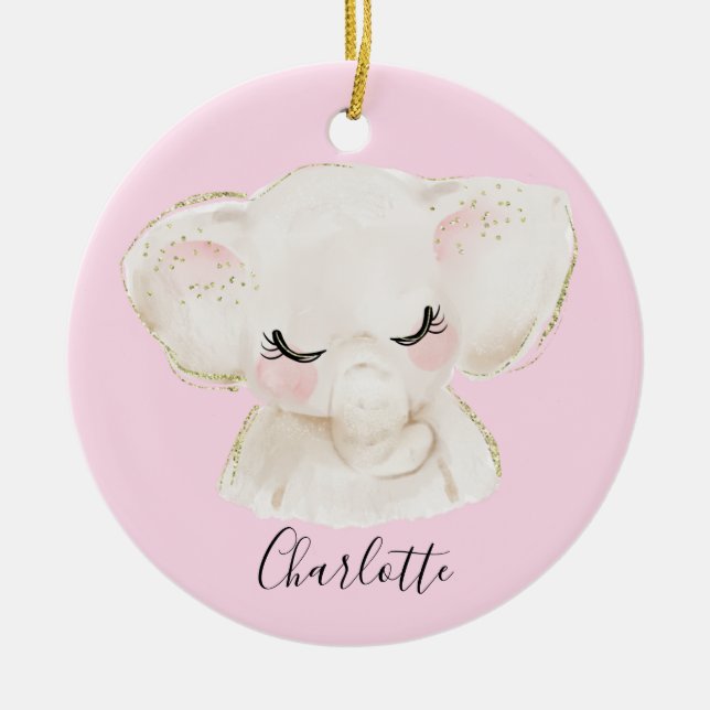 Sweet Cute & Girly Pastel Blush Pink Baby Elephant Ceramic Ornament (Front)