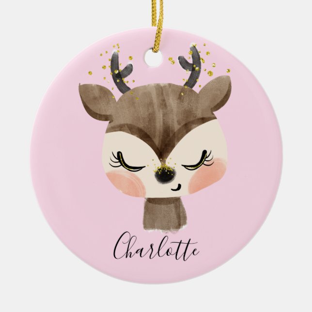 Sweet Cute & Girly Pastel Blush Pink Baby Reindeer Ceramic Ornament (Front)