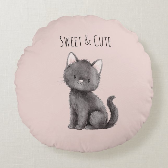 Sweet Cute Grey Cat Round Cushion (Front)