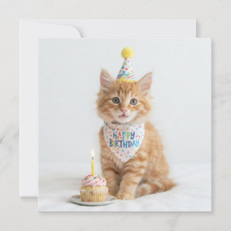 Sweet cute kitten with a cupcake. Happy Birthday.  Holiday Card