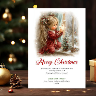 Sweet Cute Little Girl Winter Scene Christmas Card