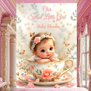 Sweet Cute Peach Pink Girl Baby Shower Teacup Invitation