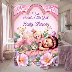 Sweet Cute Pink Girl Baby Shower Puppy Kitten Invitation