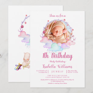 Sweet cute Unicorn Watercolor Girl First Birthday Invitation