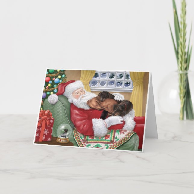 Sweet Dachshunds resting on Santa's Lap Holiday Card (Front)