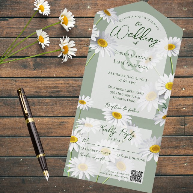 Sweet Daisies on Sage Green with QR Code All In One Invitation (Creator Uploaded)