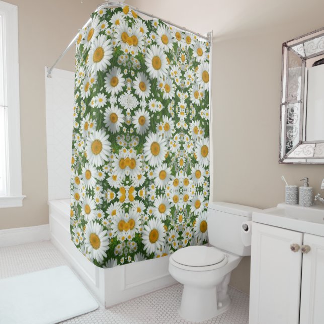 Sweet daisy pattern white floral greenery shower curtain (In Situ)