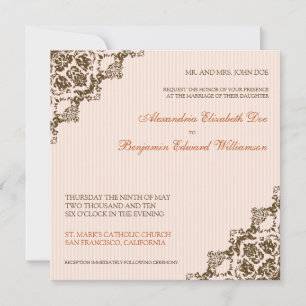 Sweet Damask Corners Coral Wedding Invitation