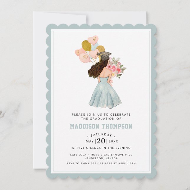 Sweet Dark Brown Hair Girl Watercolor Graduation  Invitation (Front)