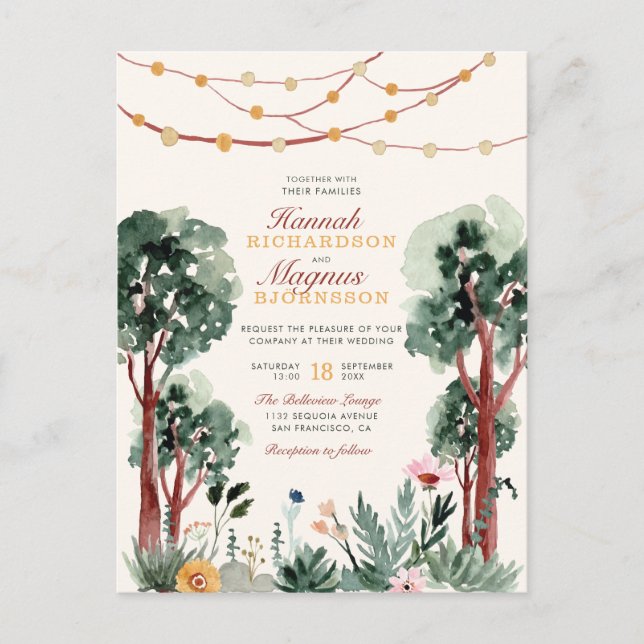 Sweet Dark Green Botanical Trees Unique Wedding Invitation Postcard (Front)