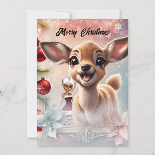 Sweet deer and cute elves holiday card