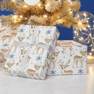 Sweet Deer Blue Christmas Snowflakes Wrapping Paper