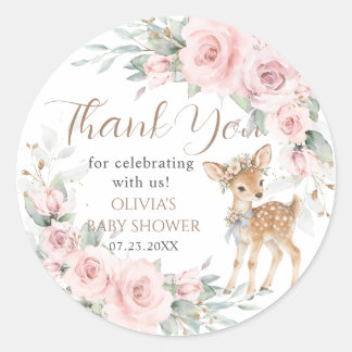 Sweet Deer Blush Pink Floral Baby Shower Favour Classic Round Sticker