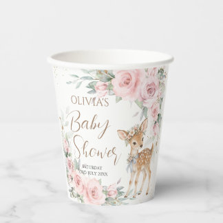 Sweet Deer Blush Pink Floral Baby Shower Paper Cups
