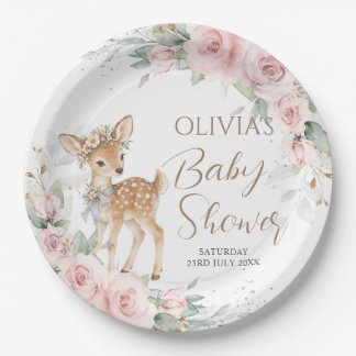 Sweet Deer Blush Pink Floral Baby Shower Welcome Paper Plate