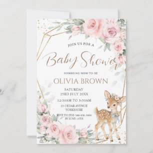 Sweet Deer Blush Pink Floral Girl Baby Shower Invitation