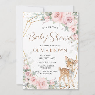 Sweet Deer Blush Pink Floral Girl Baby Shower Invitation