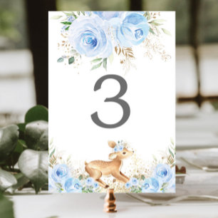 Sweet Deer Light Baby Blue Floral Boy Baby Shower Table Number