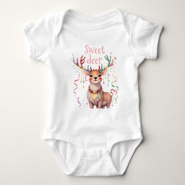 Sweet Deer Reindeer and Christmas Festive Lights  Baby Bodysuit (Front)