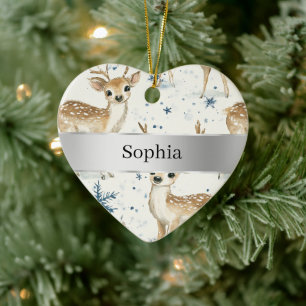 Sweet Deer Snowflakes Silver Ribbon Christmas Ceramic Ornament