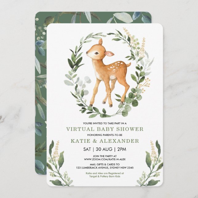 Sweet Deer Woodland Greenery Virtual Baby Shower Invitation (Front/Back)