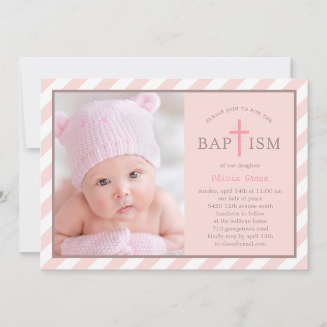 Sweet Diagonals Photo Baptism Invitation - Pink (Front)