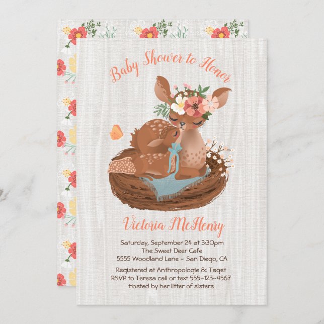 Sweet doe and Momma Deer Baby shower Invitations (Front/Back)