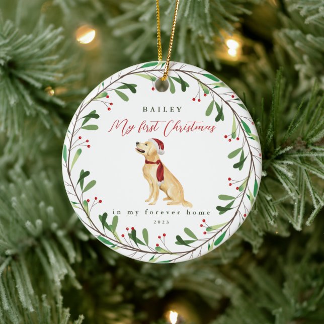 Sweet Dog's First Christmas with Name and Year Ceramic Ornament (Tree)