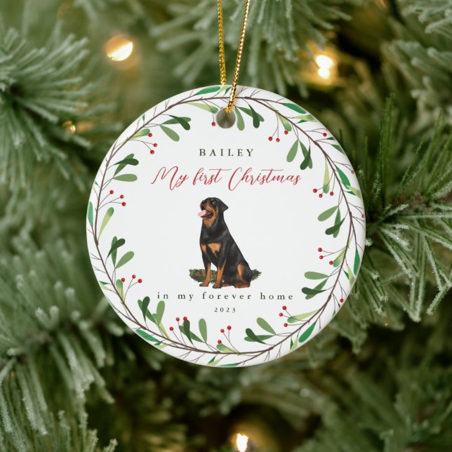 Sweet Dog's First Christmas with Name and Year Ceramic Ornament (Tree)