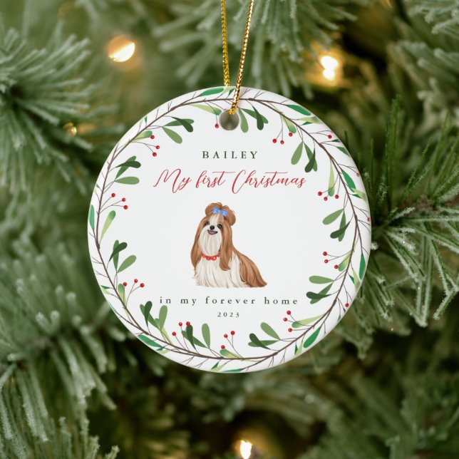 Sweet Dog's First Christmas with Name and Year Ceramic Ornament (Tree)