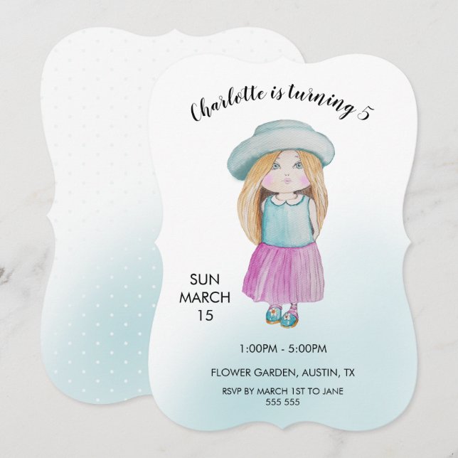 Sweet Doll Watercolor Hand-painted Holiday Card (Front/Back)