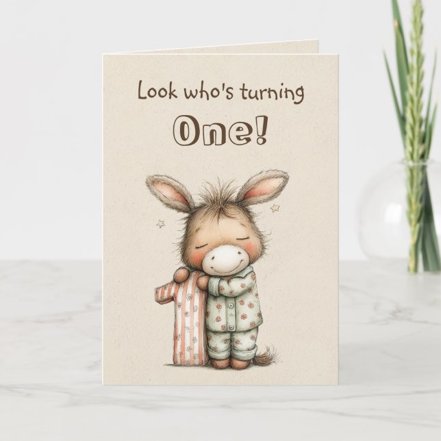 Sweet Donkey First Birthday for One Year Old Card (Front)