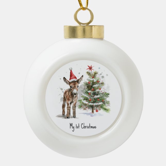 Sweet Donkey's First Christmas, custom Ceramic Ball Christmas Ornament (Front)