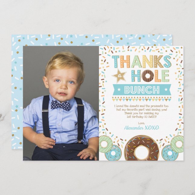 Sweet Doughnut Boy Birthday Photo Thank You Card (Front/Back)