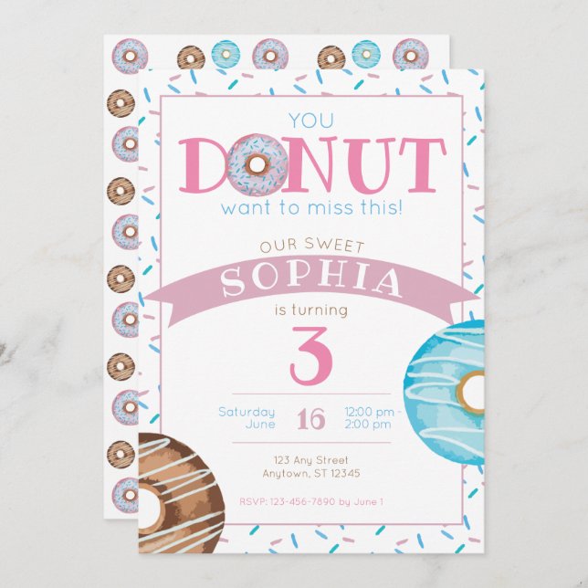 Sweet Doughnut Doughnut Sprinkles Birthday Invitat Invitation (Front/Back)
