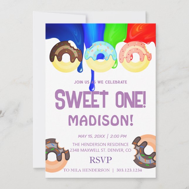 Sweet doughnuts, rainbow colours, sweet first birt invitation (Front)