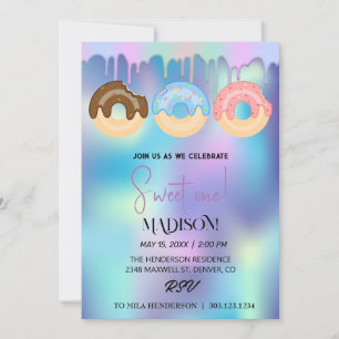 Sweet doughnuts, rainbow colours, sweet first birt invitation