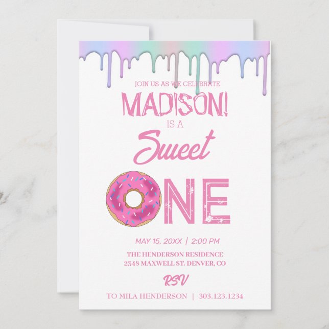 Sweet doughnuts, rainbow colours, sweet first birt invitation (Front)