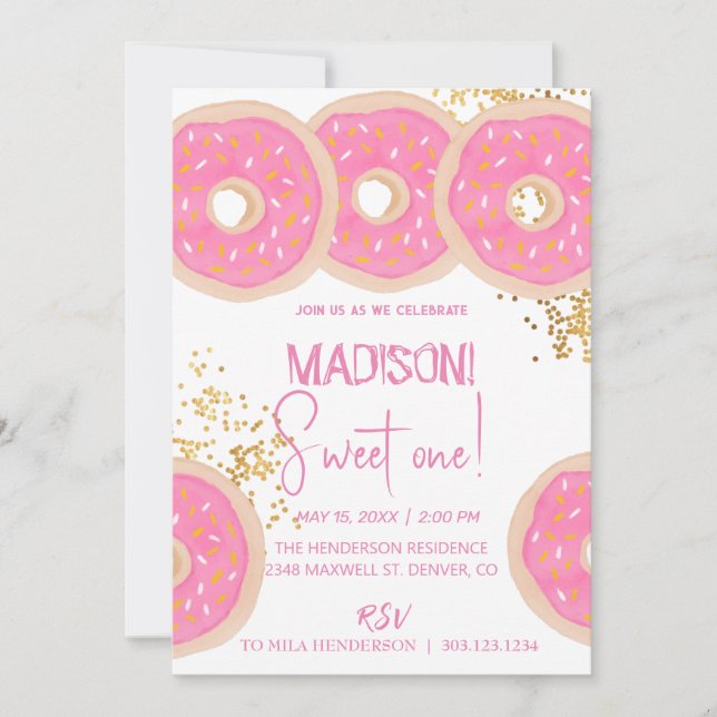 Sweet doughnuts, rainbow colours, sweet first birt invitation (Front)