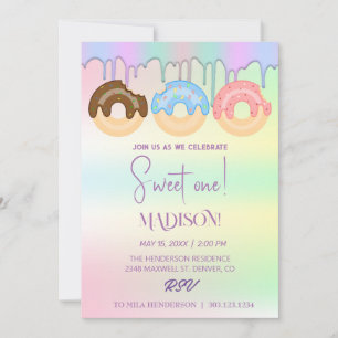 Sweet doughnuts, rainbow colours, sweet first birt invitation