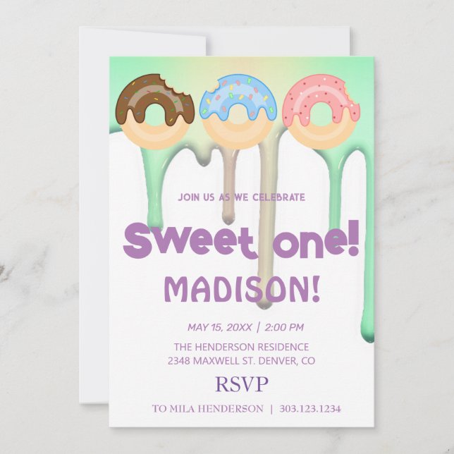 Sweet doughnuts, rainbow colours, sweet first birt invitation (Front)