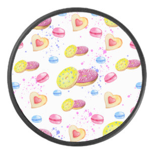 Sweet doughnuts with colourful glaze pattern hockey puck