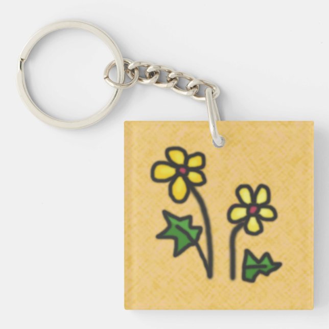 Sweet Drawn Yellow Flowers on any Colour Key Ring (Front)