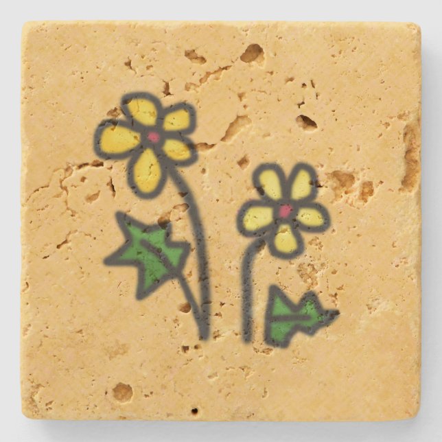 Sweet Drawn Yellow Flowers Stone Coaster (Front)