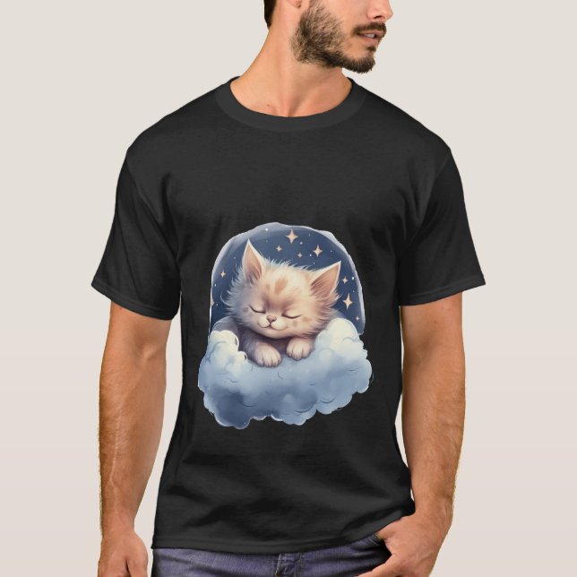 Sweet Dream Cat Sleeping on Cloud Night Sky Art 🌙 T-Shirt (Front)