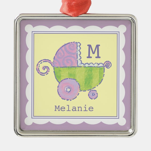 Sweet Dreams Baby Carriage Lavender Monogrammed Metal Ornament (Front)