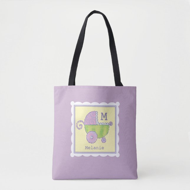 Sweet Dreams Baby Carriage Lavender Monogrammed Tote Bag (Front)